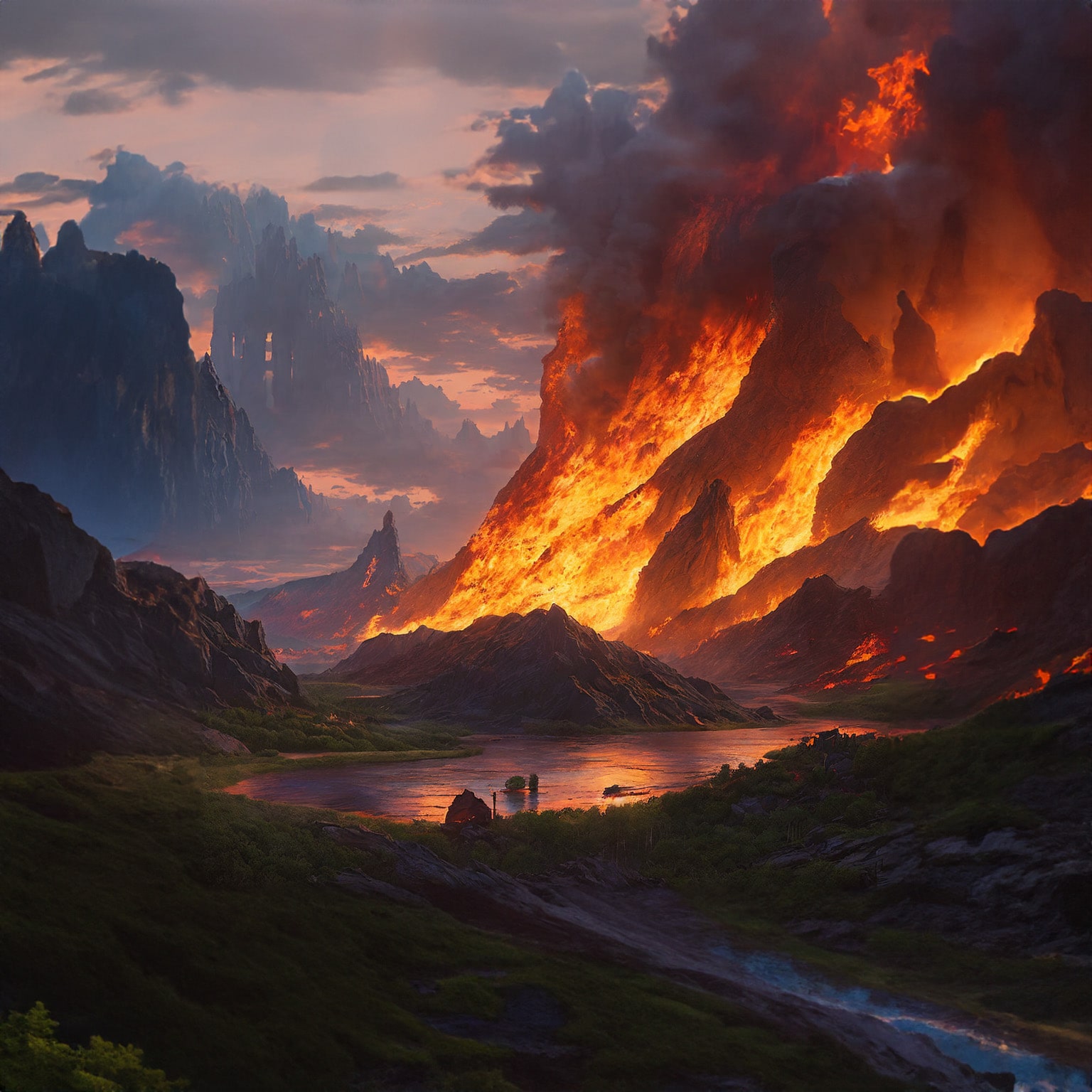 Ein KI Bild von einem brennenden Berg an einem See