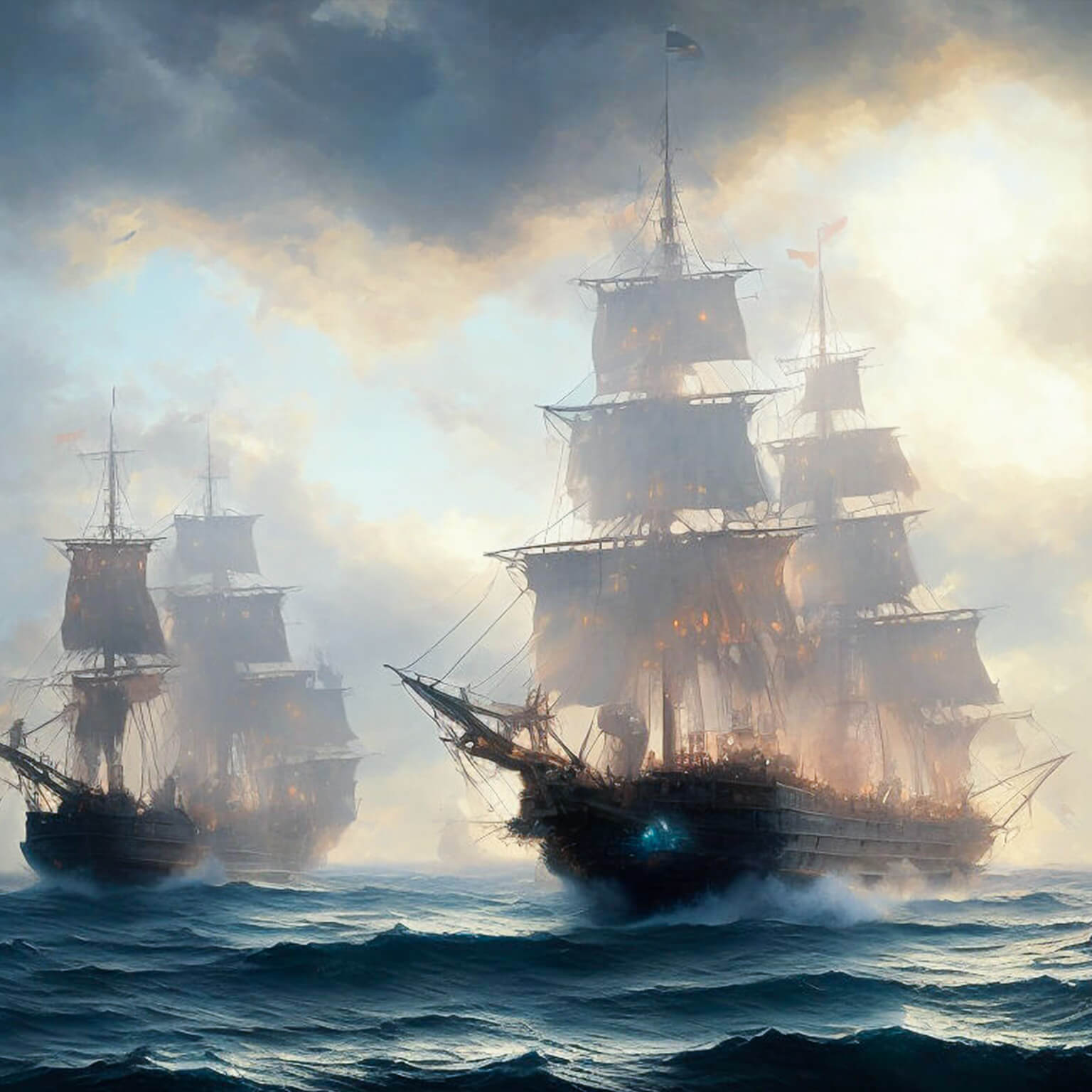Ein KI Bild von einer Flotte von alten Segelschiffen im Nebel