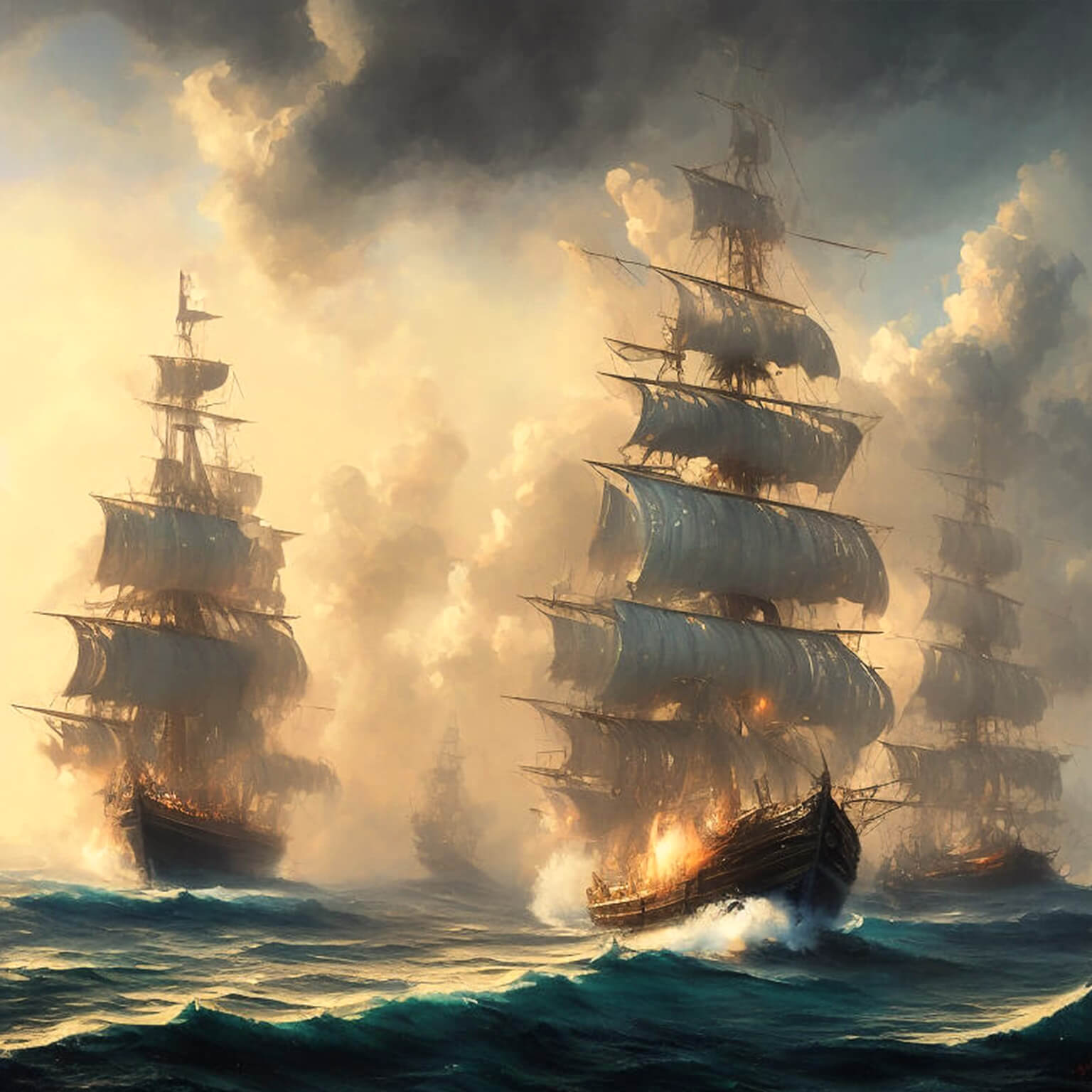 Ein KI Bild von einer Flotte von alten Segelschiffen die in Brand geraten sind