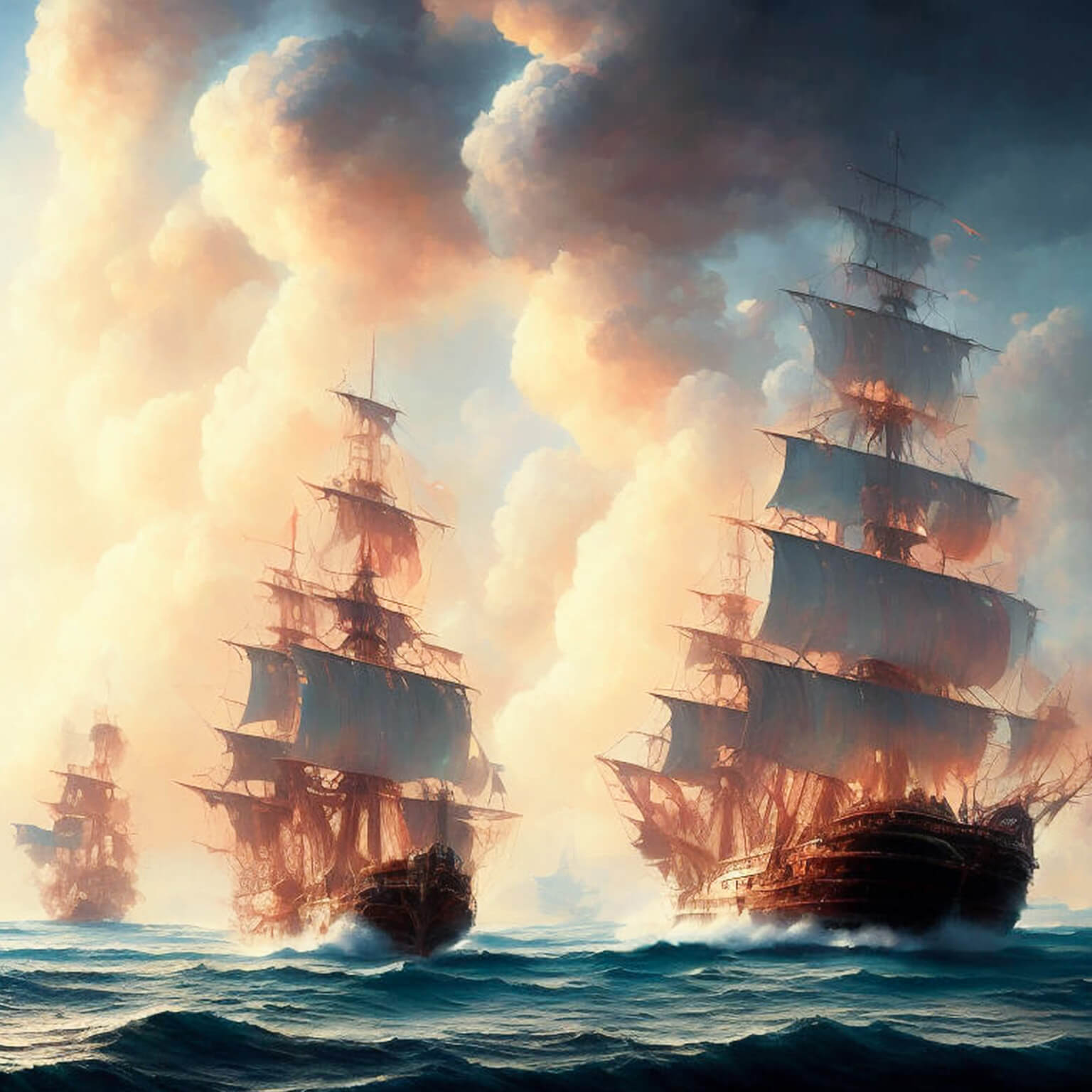 Ein KI Bild von einer Flotte von alten Segelschiffen im Sonnenuntergang