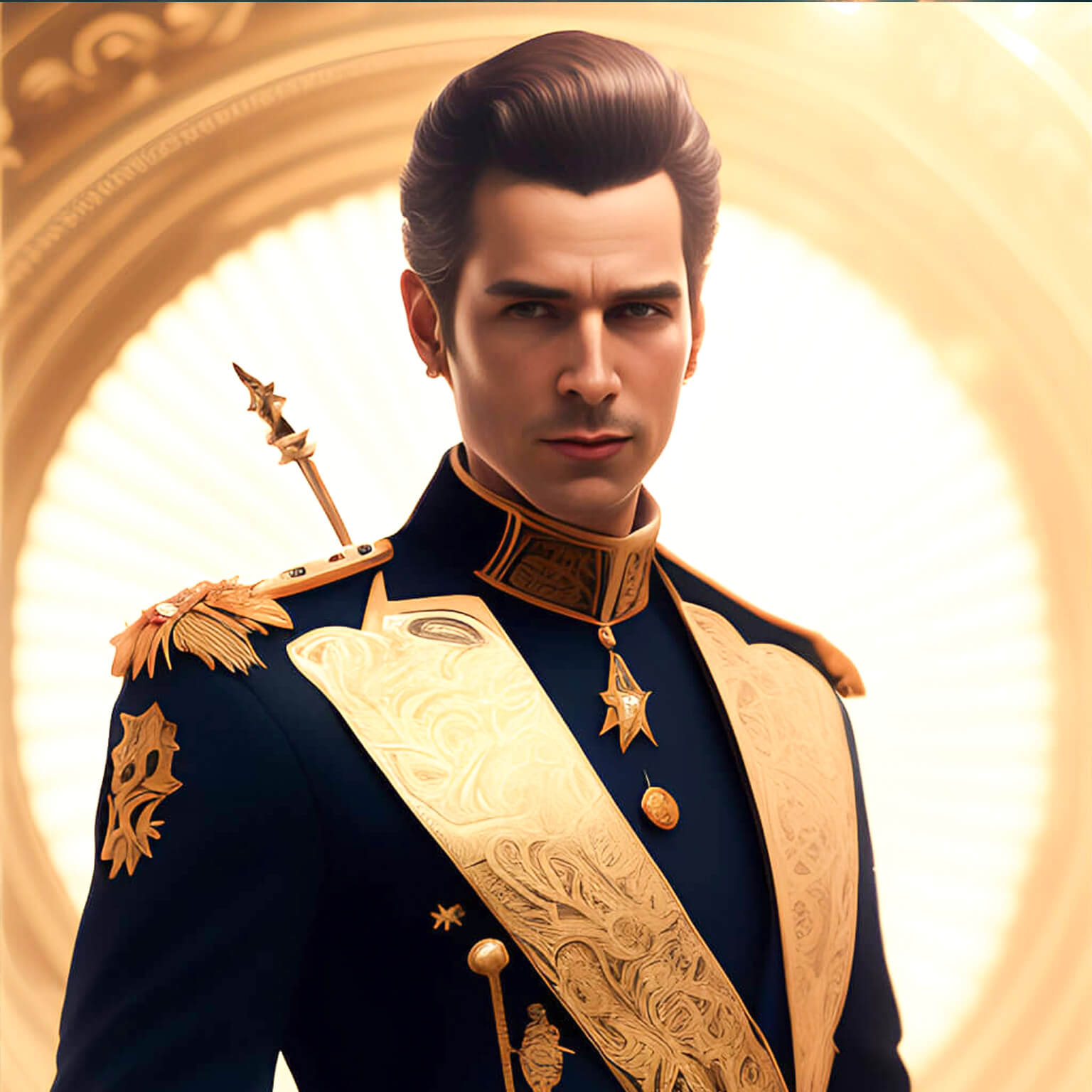 Ein KI Bild von einer einem Portrait von einem Prinzen mit goldener Scherpe