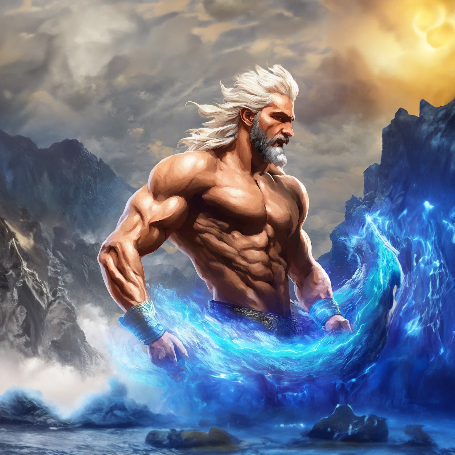 Ein KI Bild von einem alten Meer Gott mit seiner Energie