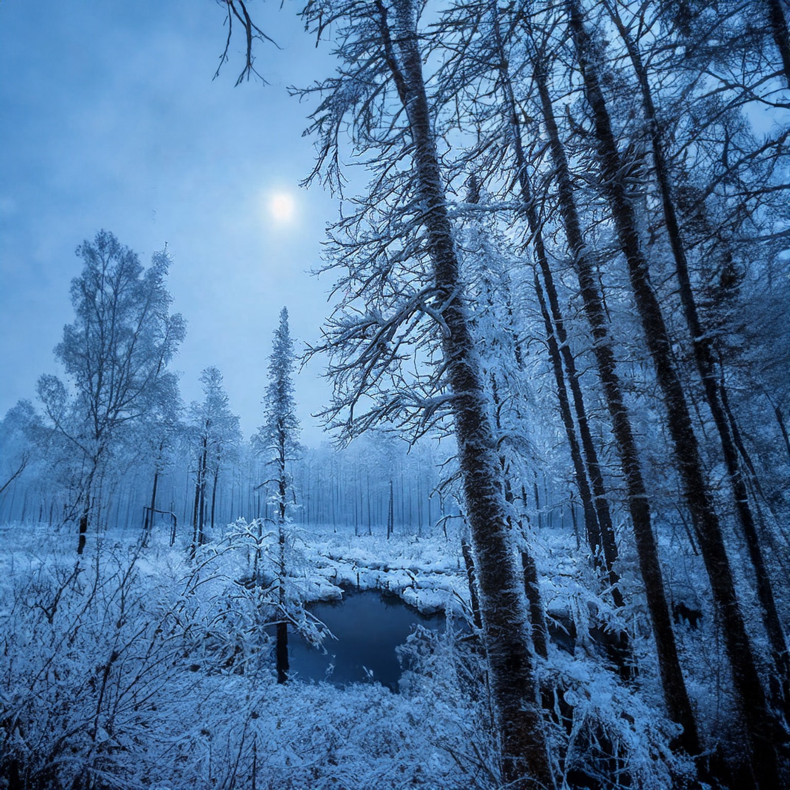 Ein KI Bild von einem gefrorenem Waldstück