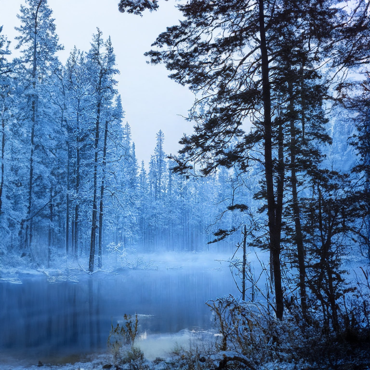 Ein KI Bild von einem gefrorenem Waldstück am See