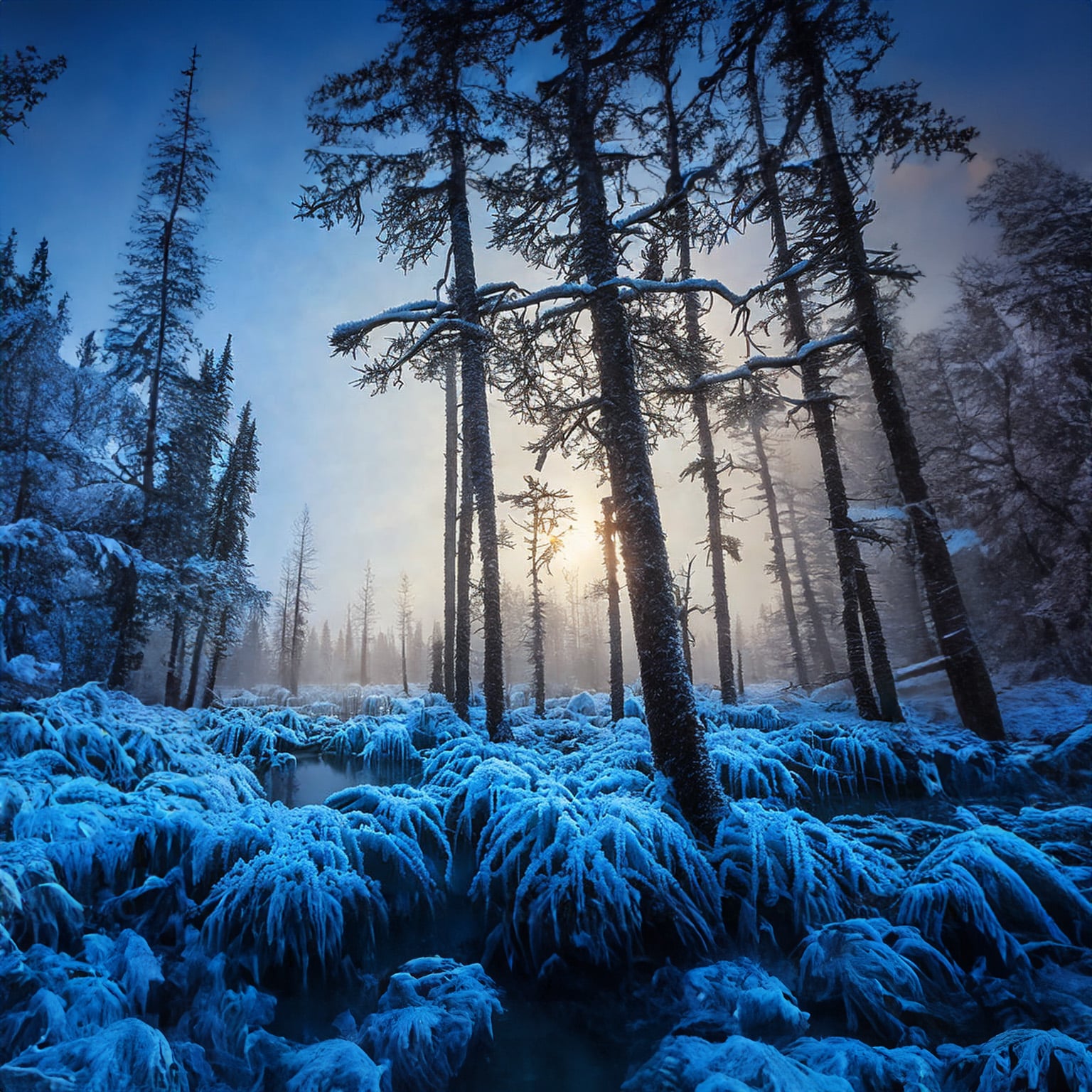Ein KI Bild von einem gefrorenem Waldstück beim Sonnenuntergang