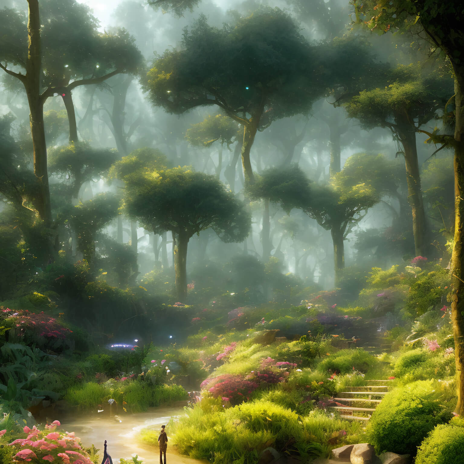 Ein KI Bild von einem Fantasy Wald mit leichtem Nebel