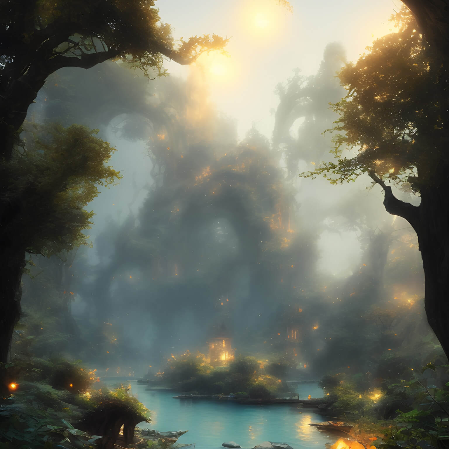 Ein KI Bild von einem nebligen Fantasy Wald