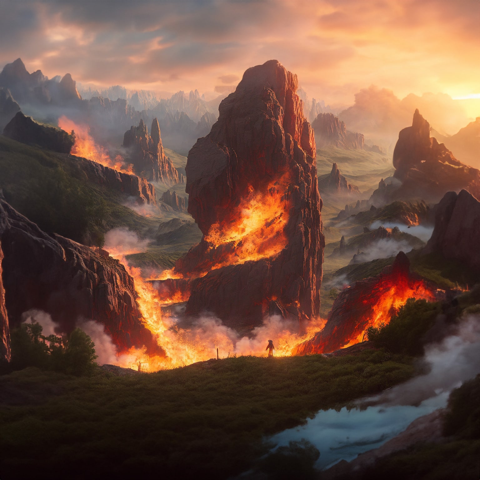 Ein KI Bild von einem Mann der vor einem brennenden Berg steht