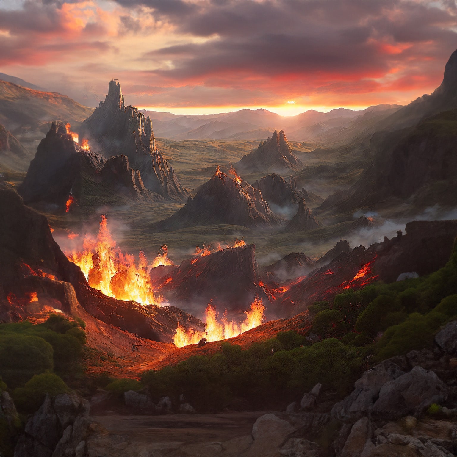 Ein KI Bild von bergen die in Flammen stehen