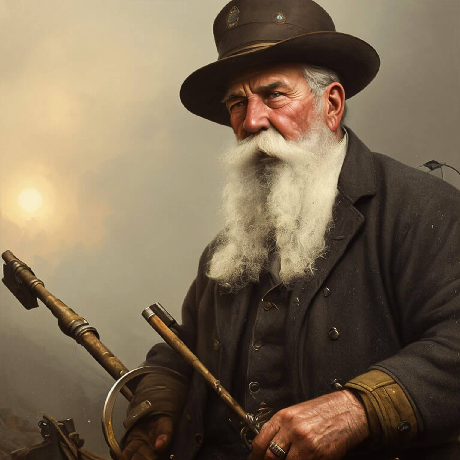 Ein KI Bild von einem älteren Kohle Arbeiter mit Hut und langem Bart
