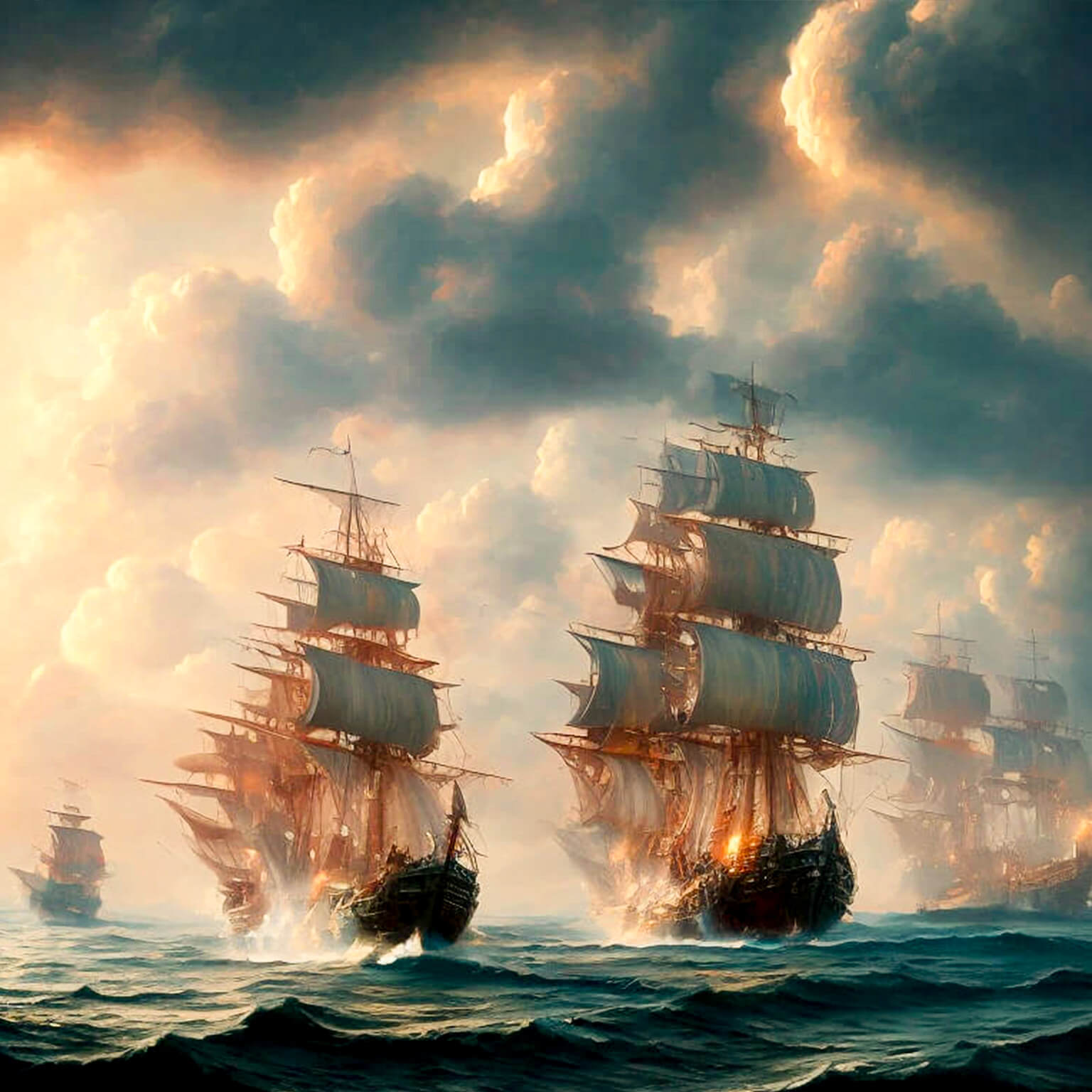 Ein KI Bild von einer Flotte von alten Segelschiffen, die sich mit Kanonen beschießen