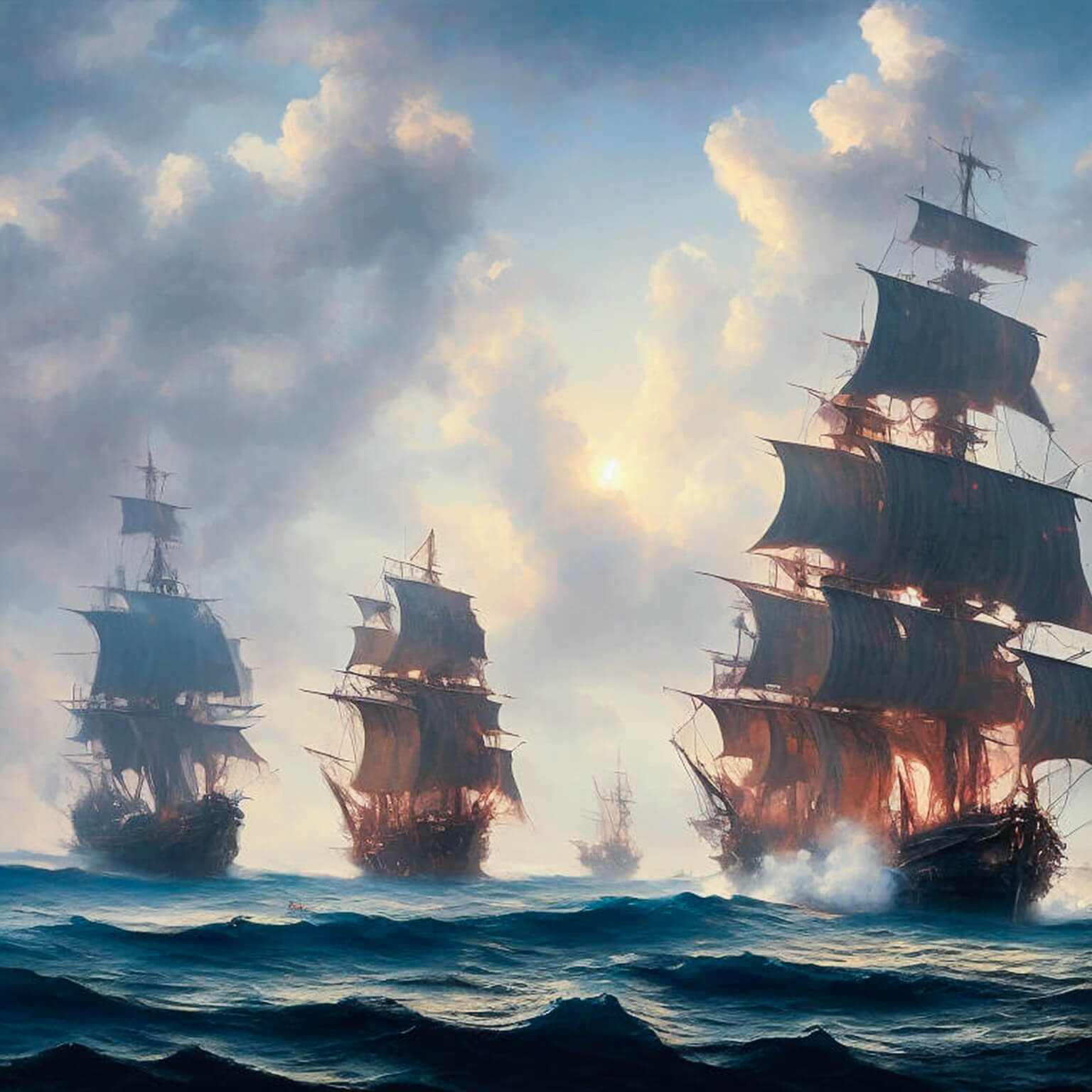 Ein KI Bild von einer Flotte von alten Segelschiffe, die Ihre Kanonen abfeuern