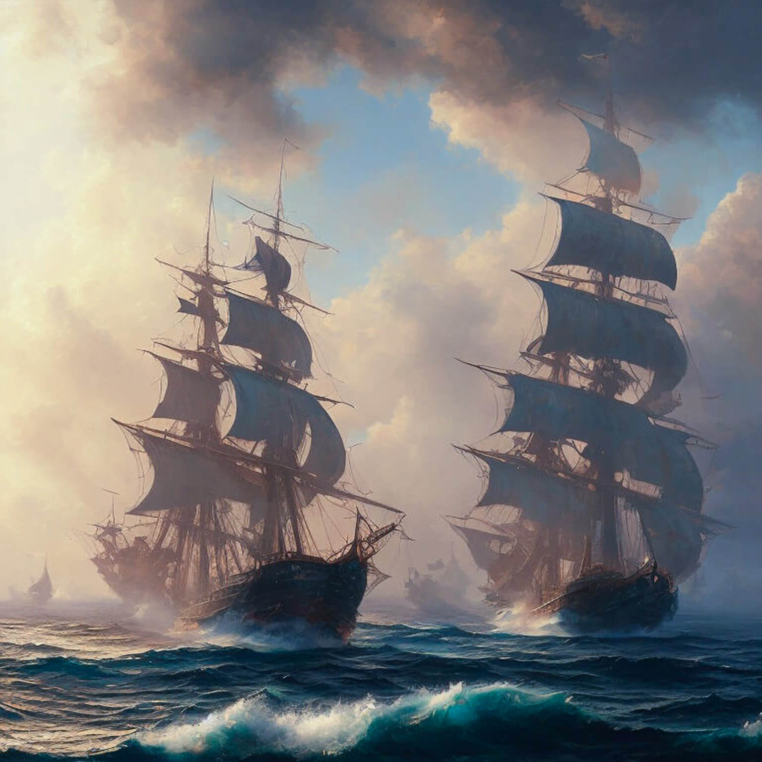 Ein KI Bild von einer Flotte von alten Segelschiffen schwerem Seegang