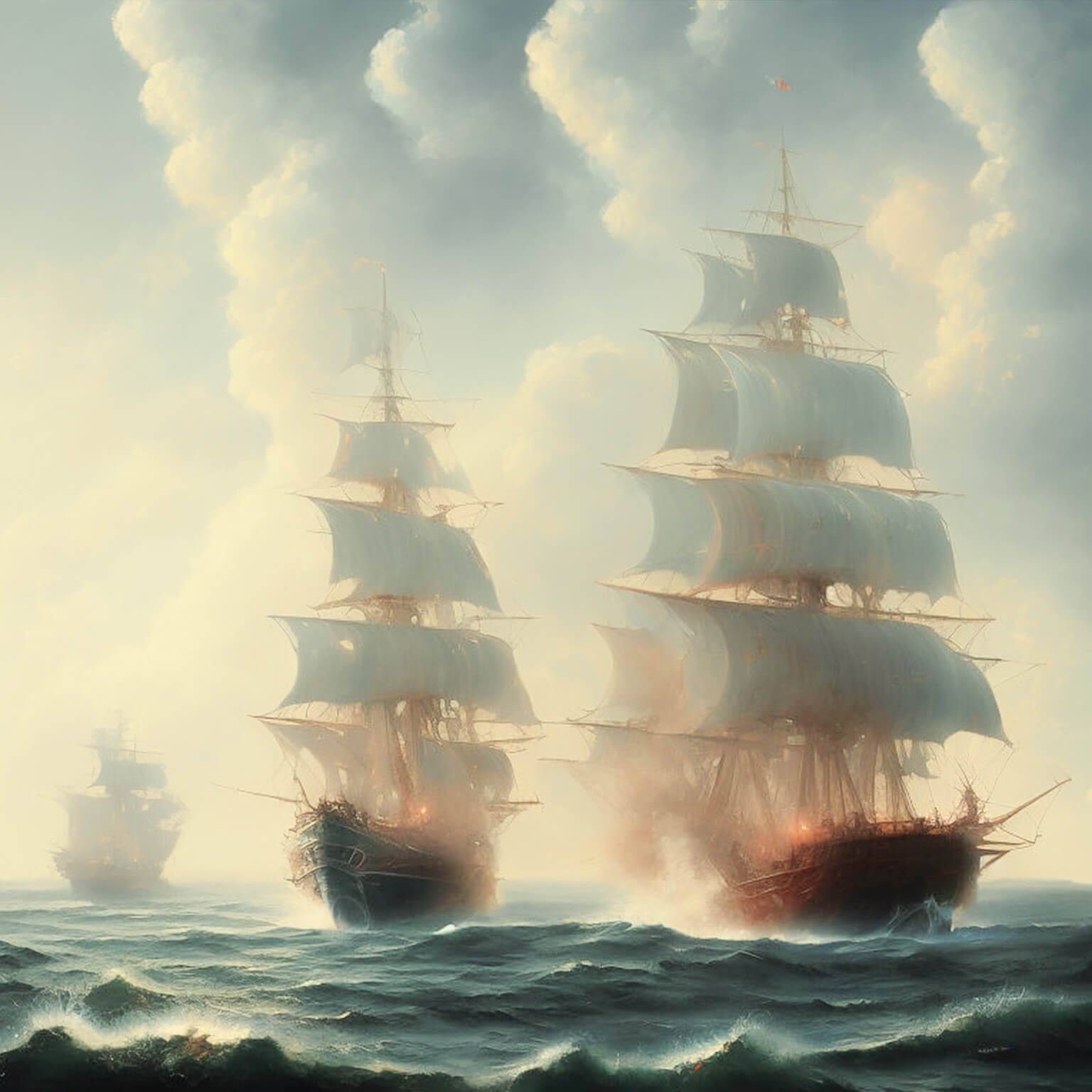 Ein KI Bild von einer Flotte von alten Segelschiffen die sich mit Kanonen beschießen