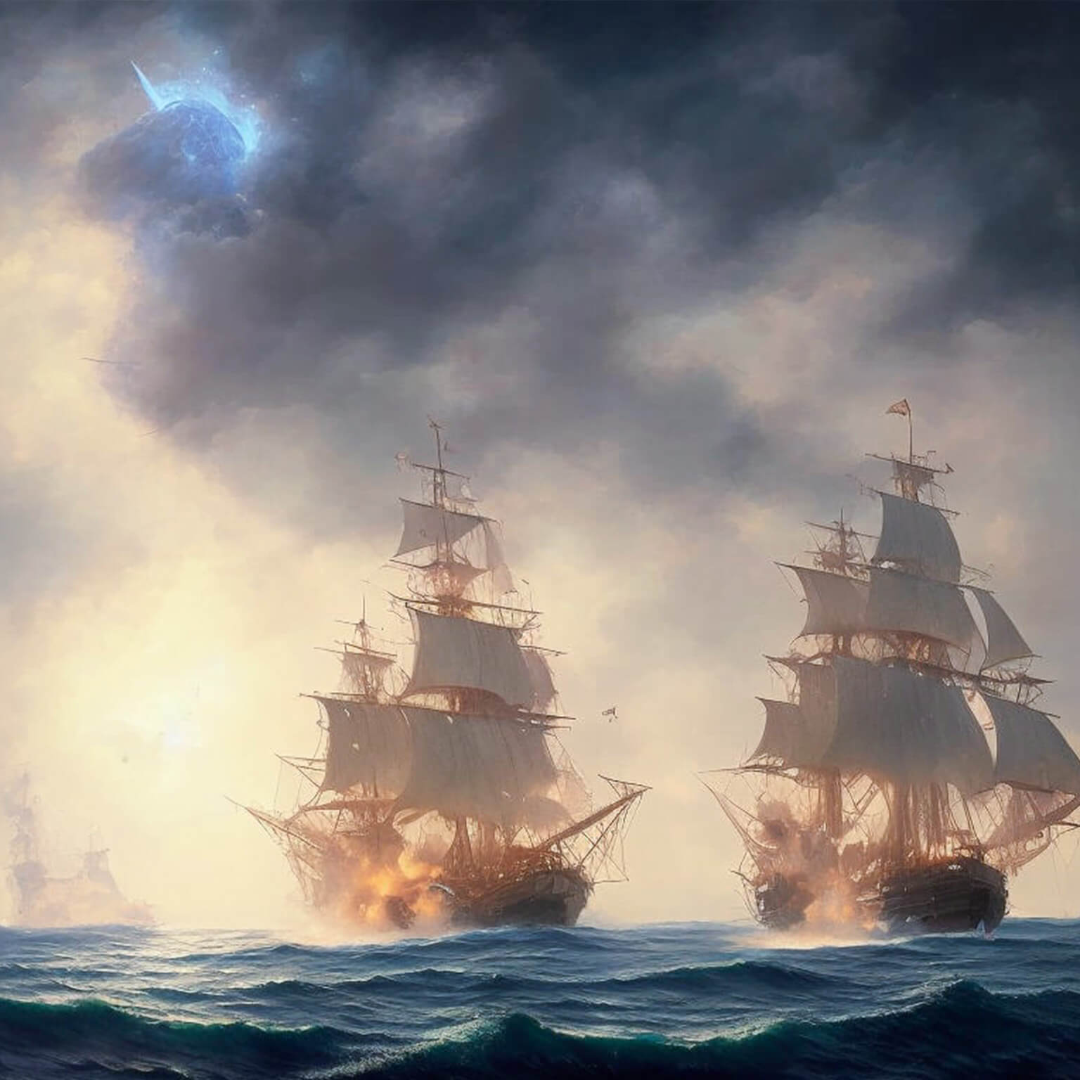 Ein KI Bild von einer Flotte von alten Segelschiffen im Sturm